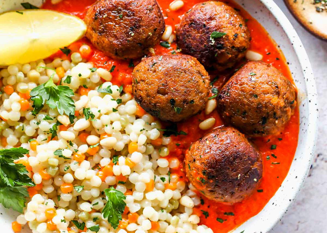 Moroccan Lentil Meatballs With Roasted Red Pepper Sauce